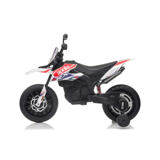 Aprilia 12v electric motorbike for kids, designed for safe riding, displayed on a white background