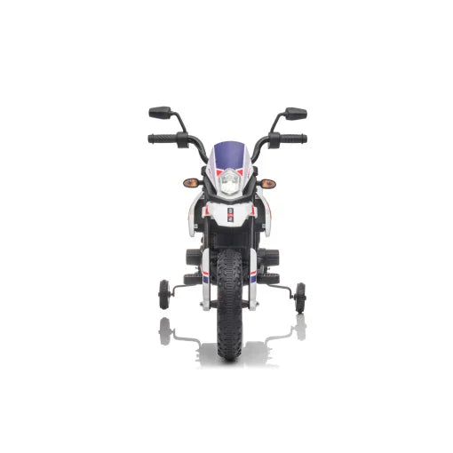 Front view of a 12V Aprilia electric motorbike for kids by Kidscar.co.uk, isolated on white background.