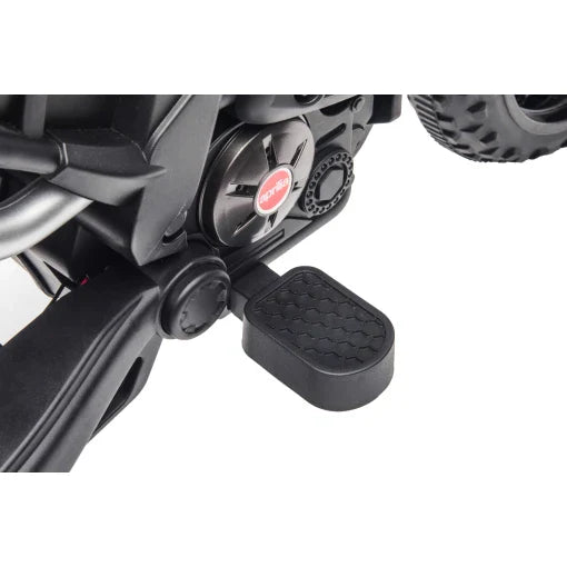 Close-up of 12v Aprilia Electric Motorbike for Kids, Footrest on Realistic-Design Baby Stroller with Red-Silver Lock Mechanism.