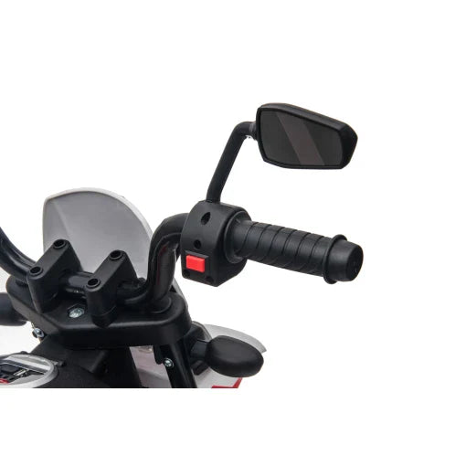 Aprilia 12v Kids Electric Motorbike handlebar with rear-view mirror and throttle grip controls for safe riding experience