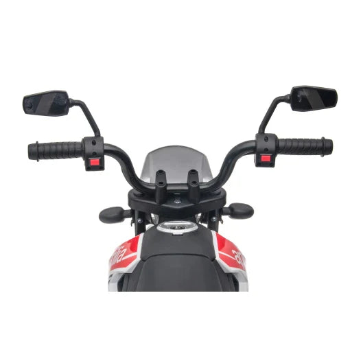 Aprilia 12V kids electric motorbike's handlebar with mirrors and controls on a white background, providing a safe ride.