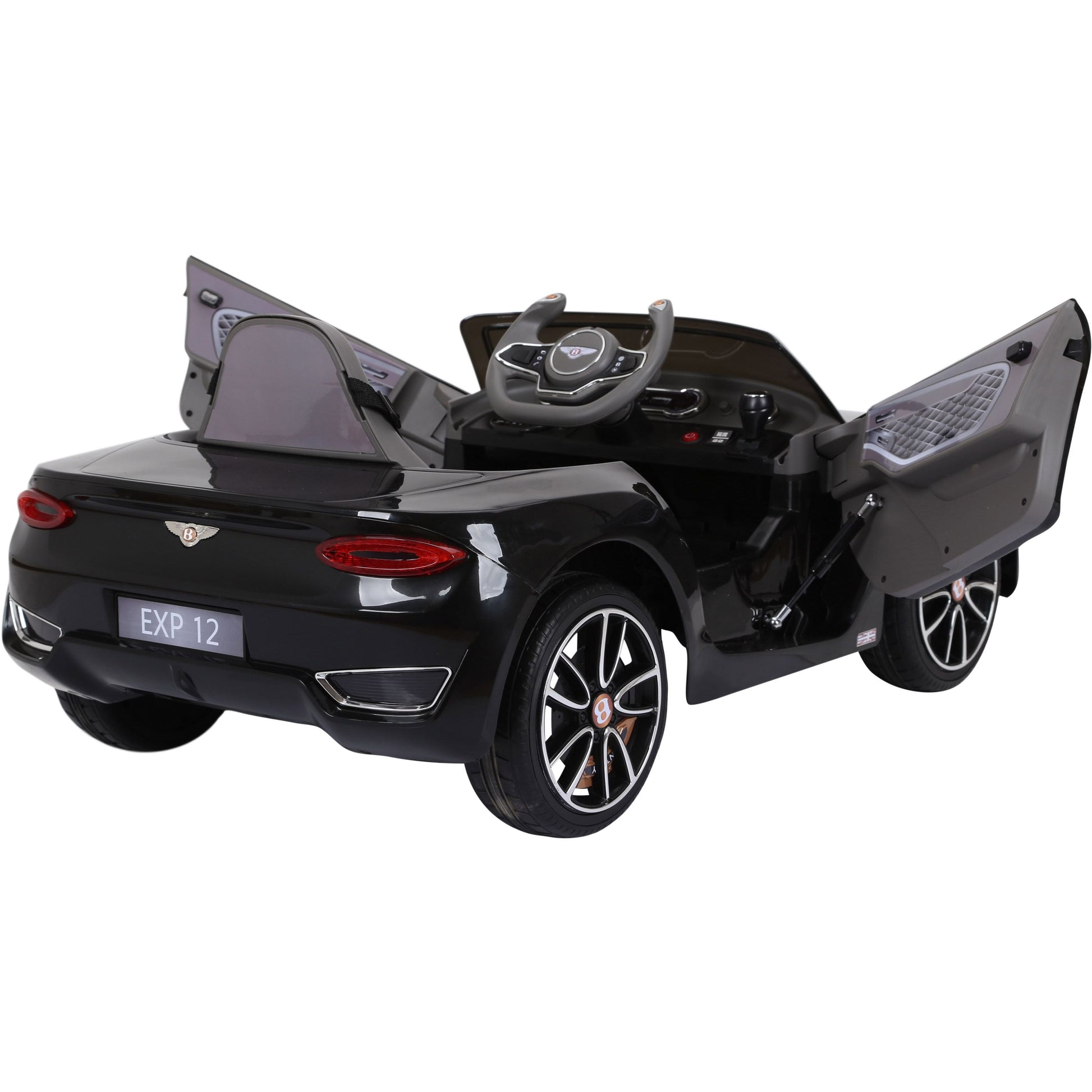 Black Bentley GT EXP12 Electric Ride-on Car for children with open doors.