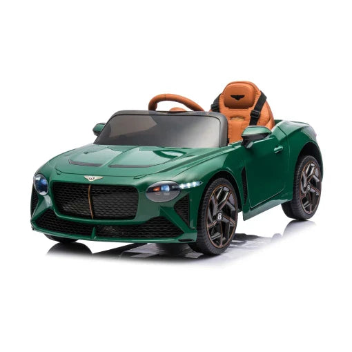 Blue Bentley Bacalar 12V electric ride-on toy car with tan interior and parent remote control