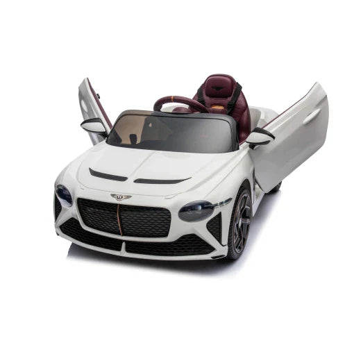 White Bentley Bacalar Electric Ride on Car with open doors, Red interior on a White background, ideal for children's play