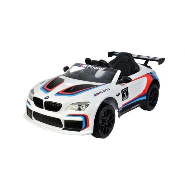 White and blue BMW M6 GT3 12 Volt electric ride on race car from KidsCar.co.uk.