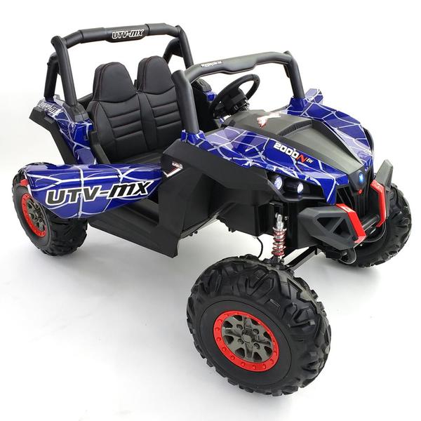 Blue 4WD Renegade UTV-MX Buggy-style kids electric ride on with EVA tires, leather seats and MP4 screen on a white background.