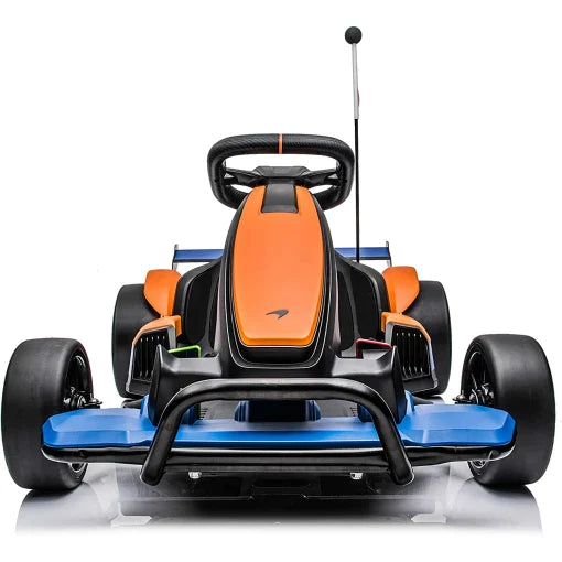 Orange and blue McLaren electric go kart for kids on a white background.