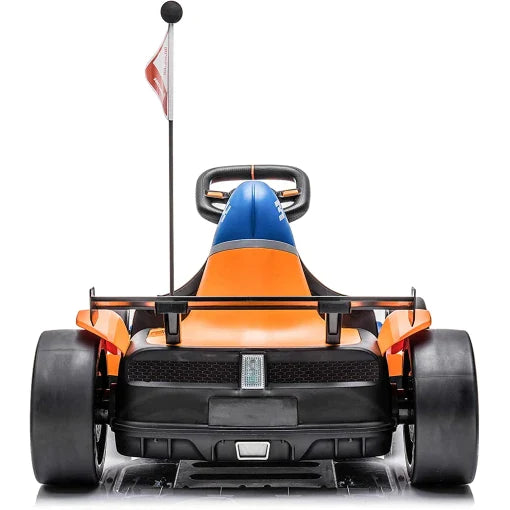 Rear view of a 24V McLaren Electric Go Kart with checkered flag on a white background
