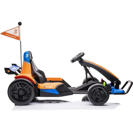 Children's pedal go-kart featuring a flag and adjustable seat on white background, McLaren Electric Go Kart 24V model