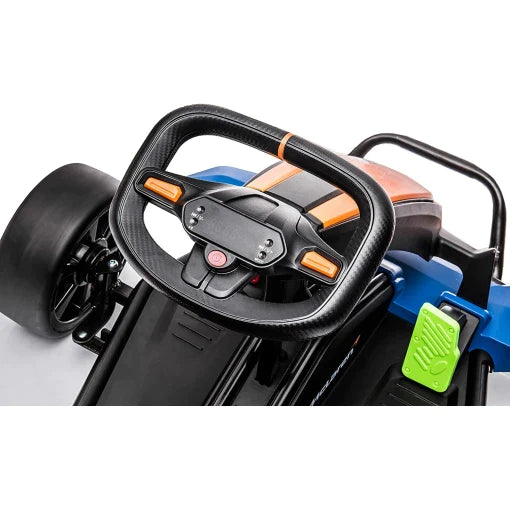 Close up view of McLaren Electric Go Kart steering wheel and pedals for kids