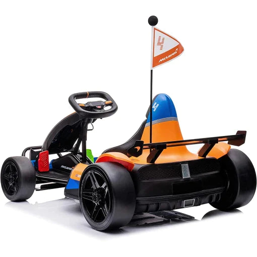 Two McLaren Electric Go Karts, 24V, with Racing Designs for Kids on a White Background