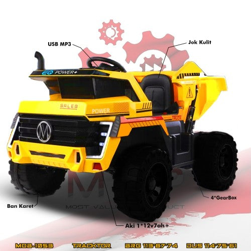 Yellow Electric 12 Volt 2 Seater Construction Truck for Kids with Black Trim, Rubber Tires and USB MP3 Compatibility.