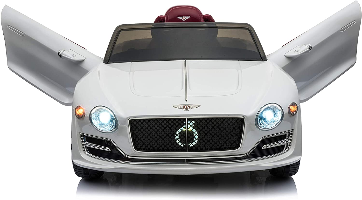 White 12v electric Bentley GT EXP12 convertible sports car for kids with upswing doors.