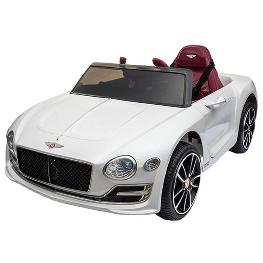 White Bentley GT EXP12 kids electric ride on car, 12-volt model with black wheels and red seat.