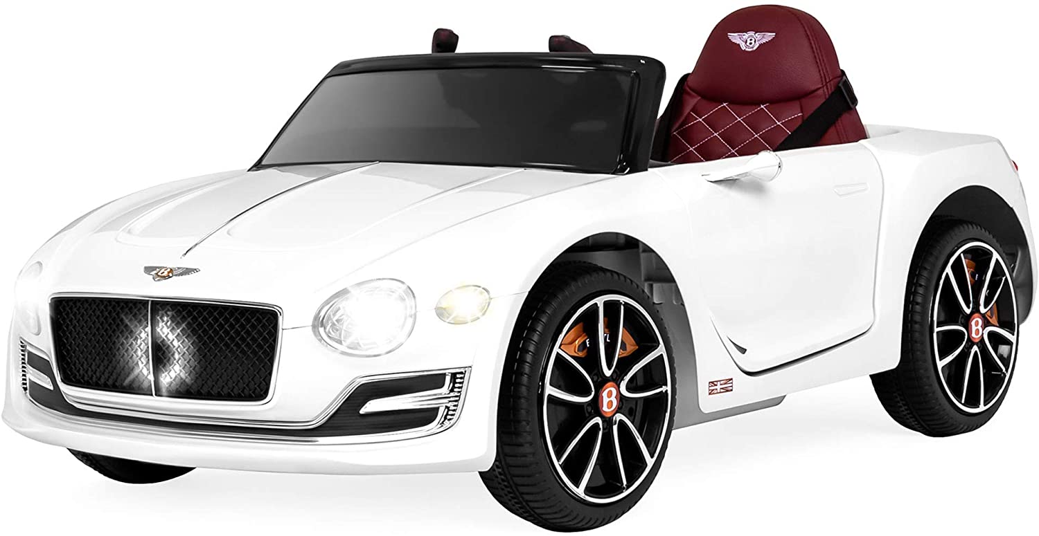 Alt text: A white Bentley GT EXP12, 12-volt electric ride-on toy car for children with parental control features.