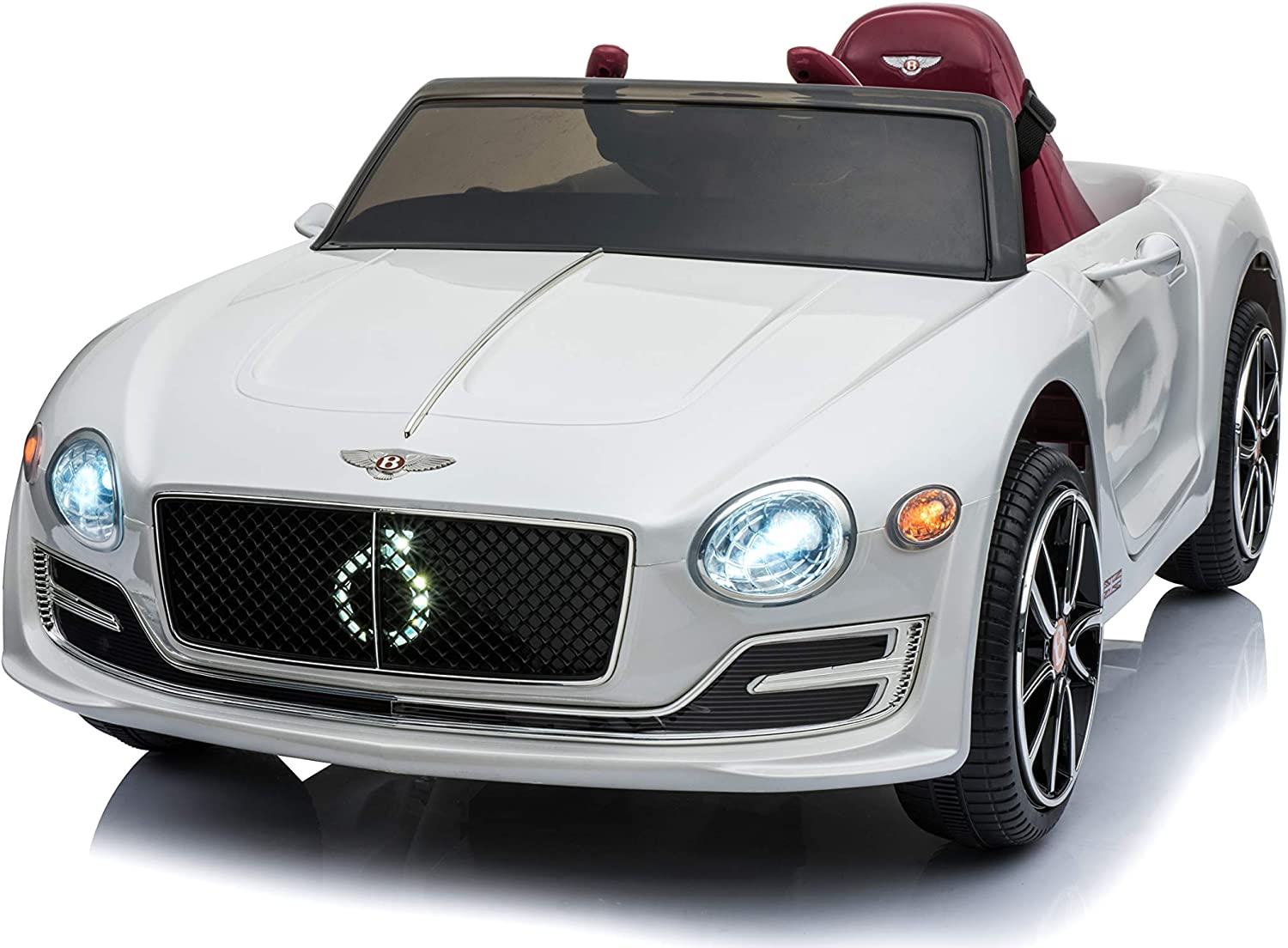 White Bentley GT EXP12 electric ride-on car for kids, featuring black wheels and a red seat.