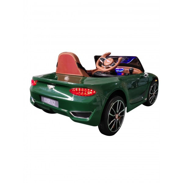 A green Bentley GT EXP12 12-volt electric ride on toy for children from KidsCar.co.uk, featuring a seat and steering wheel.