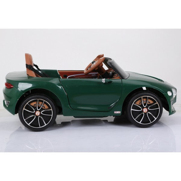 Alt text: "Green Bentley GT EXP12 electric ride-on car with brown leather seats available at Kids Car."