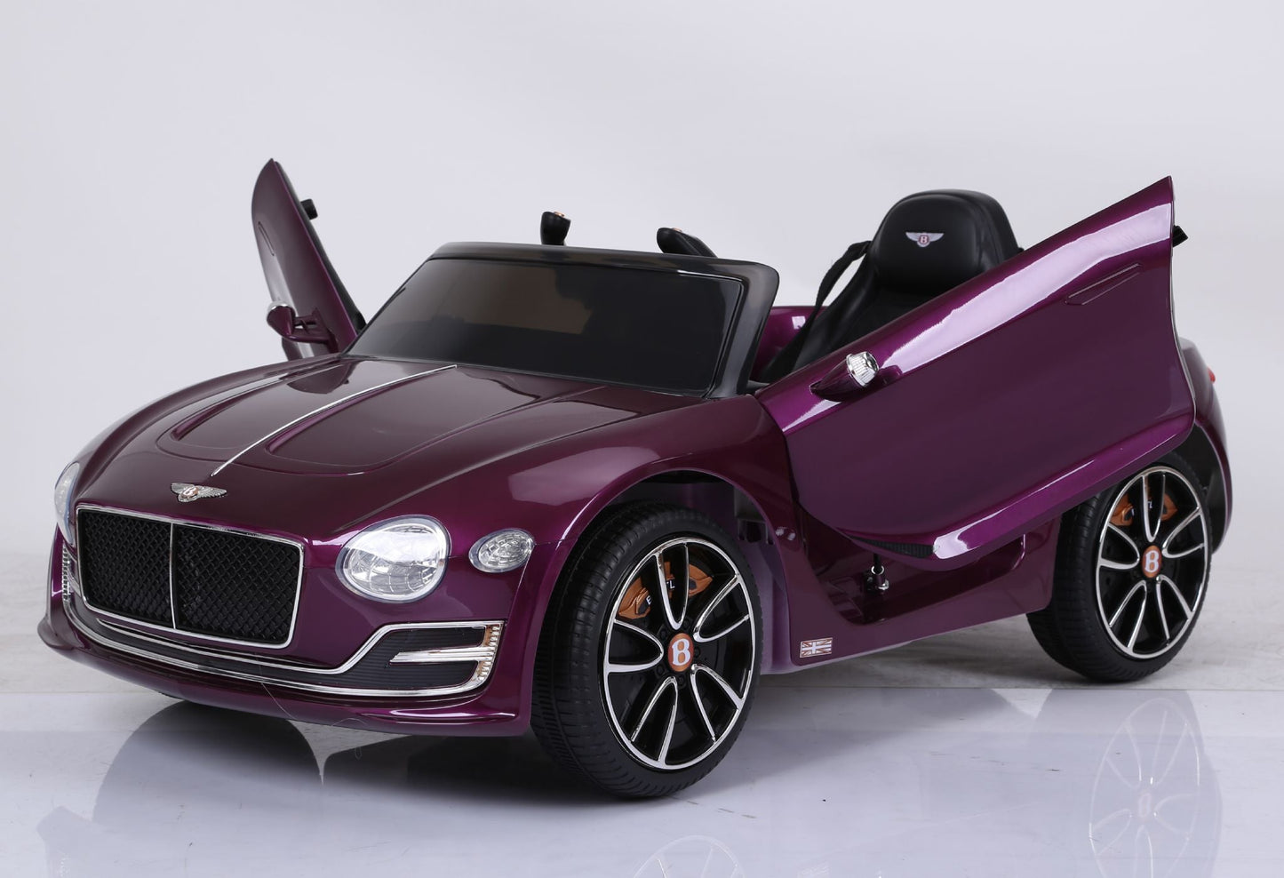 Purple Bentley GT EXP12 Kids Electric Ride-On Car, 12 Volt convertible sports car with open doors