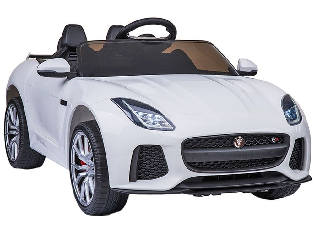 "White Jaguar F-Type electric ride on car for kids with parent remote on a white background."