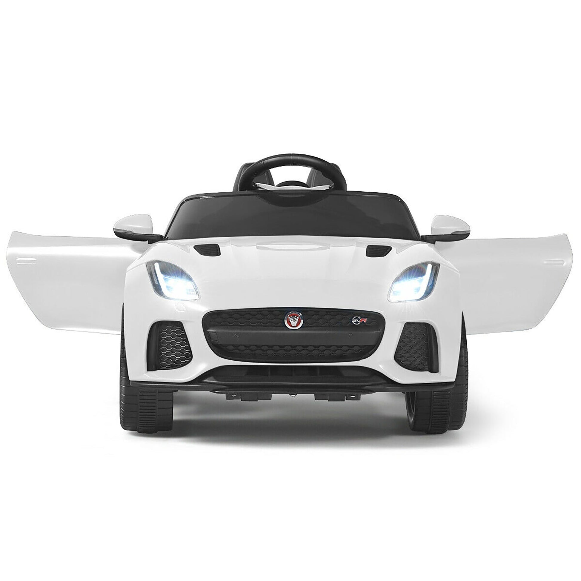 "White JAGUAR F-Type electric ride-on car for kids with parental remote and MP3 player input."