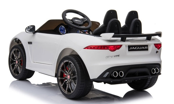"White Jaguar F-Type electric ride on car with parent remote and MP3 player socket"
