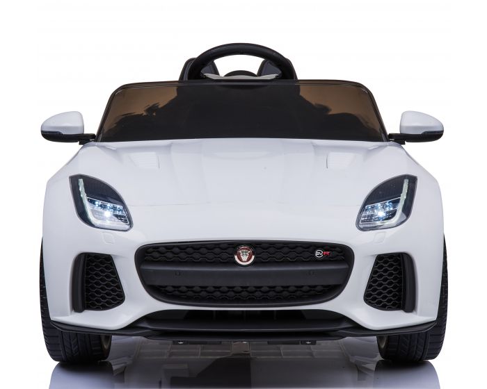 "White Jaguar F-Type Electric Ride-on Car with Parent Remote Control and MP3 Player Input on White Background"