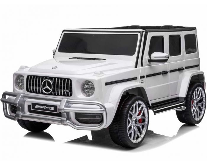 "Two-seater white Mercedes G-Wagon AMG G63 electric ride-on jeep displayed on a clean, white background."