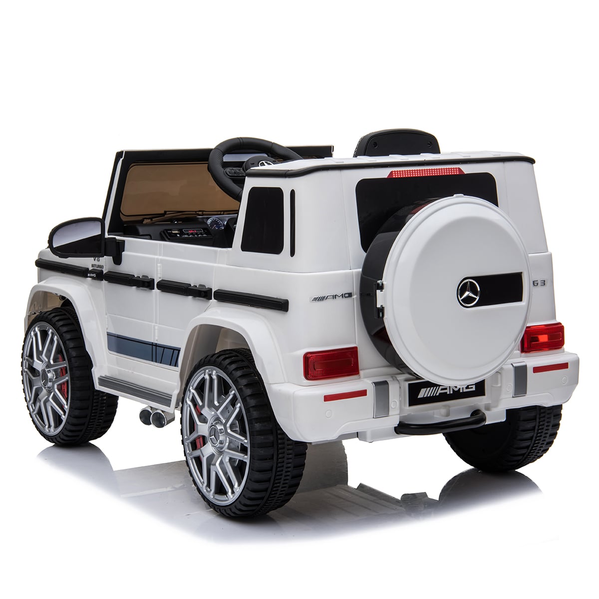 "Electric Ride-on White Mercedes-Benz G63 AMG from KidsCar.co.uk, equipped with parental remote controls."