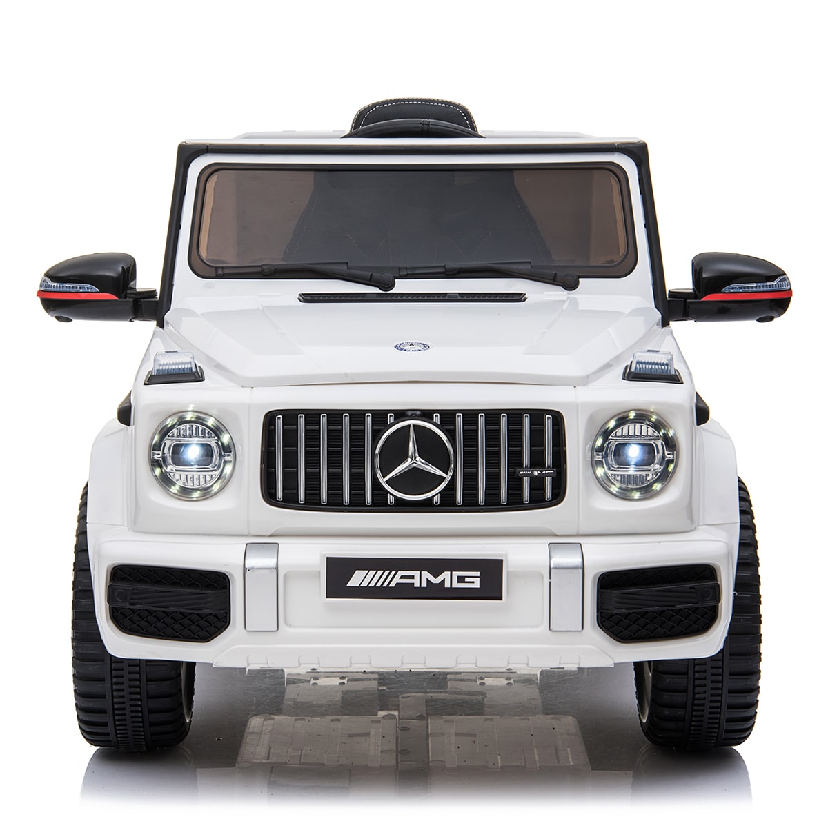 "White Mercedes-Benz G63 AMG 12-Volt Electric Ride-on Car for Kids on a Neutral Background"