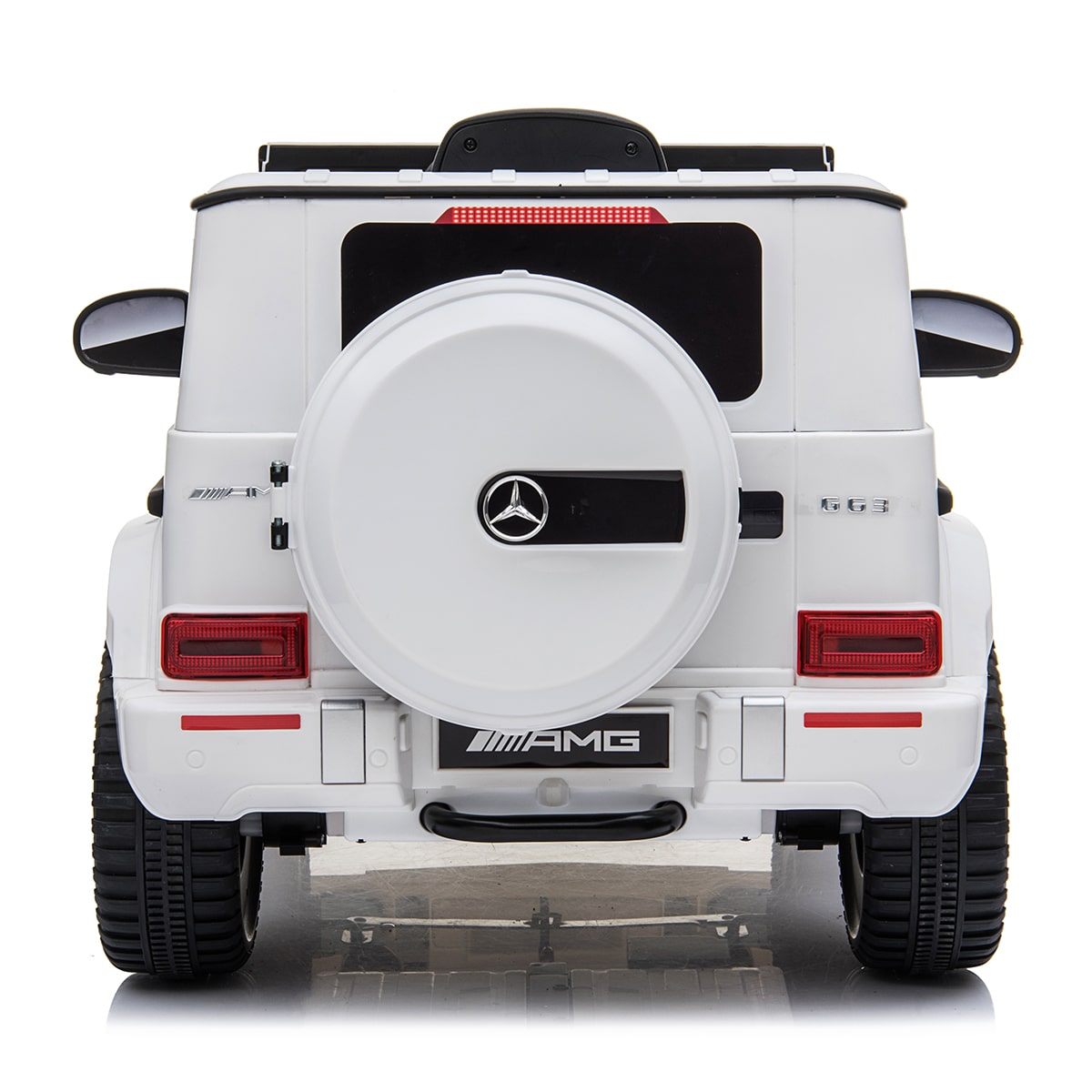 "White Mercedes-Benz G63 AMG Electric Ride-on Car for Kids on a White Background."