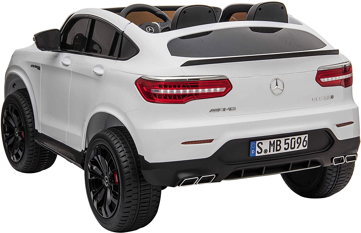 "White Mercedes AMG GLC63 S Coupe 2 Seater Kids Car, Electric Ride-on Toy, Emanating Luxury and Performance."