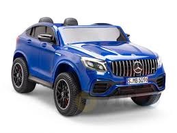 Blue Mercedes AMG GLC63 S Coupe 2 seater electric ride on car for kids on a white background.