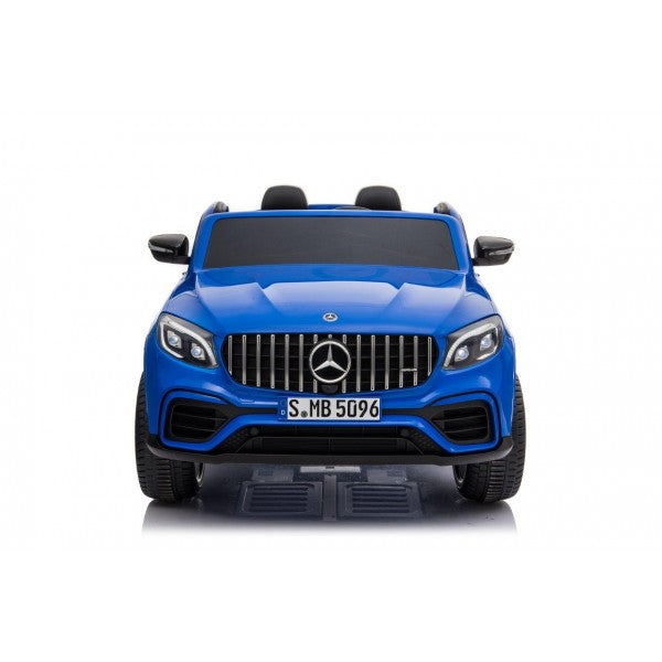 Front view of a blue Mercedes AMG GLC63 S Coupe 2 Seater Kids Ride On Car model isolated on white background