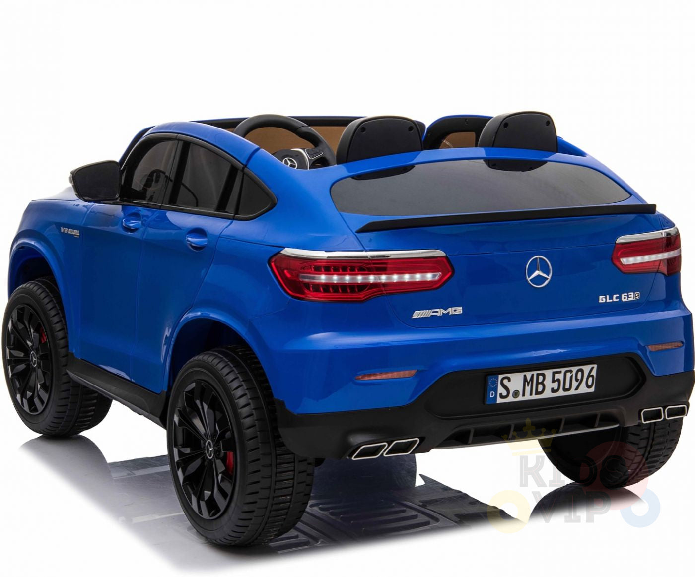 Blue Mercedes AMG GLC63 S Coupe 2 Seater Kids Ride On Car, electric powered, with top down, rear angle view"
