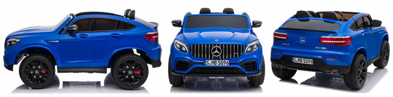 Side view of a blue Mercedes AMG GLC63 S Coupe 2 Seater Kids Ride On Car", "Front view of a children's electric ride on blue Mercedes AMG GLC63 S Coupe" and "Rear view of a licensed kids car in shape of blue Mercedes AMG GLC63 S Coupe".
