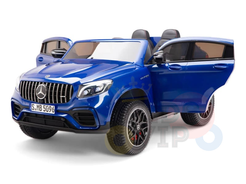 Blue Mercedes AMG GLC63 S Coupe 2 Seater Electric Ride On Car for Kids on a White Background.