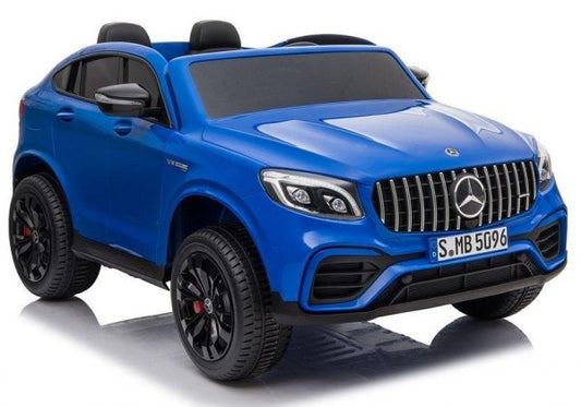 Blue Mercedes AMG GLC63 S Coupe replica electric ride-on car for kids on a white background.