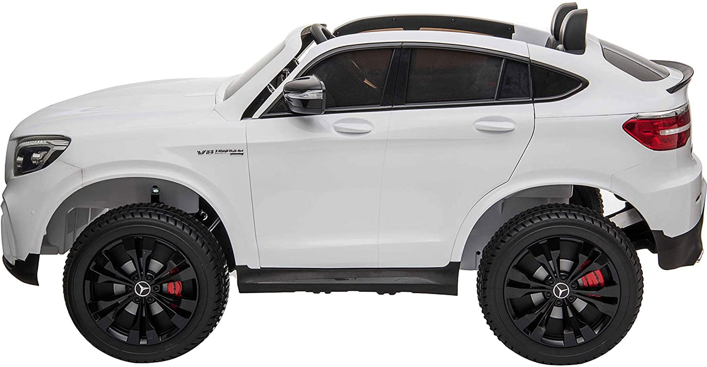 "White Mercedes AMG GLC63 S Coupe 2 Seater Electric Ride On Car for Kids on White Background."