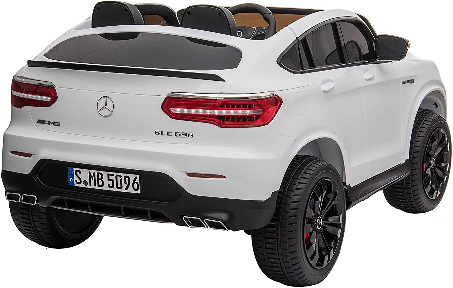 "White Mercedes AMG GLC63 S Coupe 2 Seater Kids Ride On Car on a clean background"