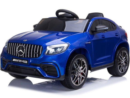 Alt text: "Blue Mercedes GLC 63S AMG electric ride-on car for kids with a 12-volt power strength, isolated on white background.