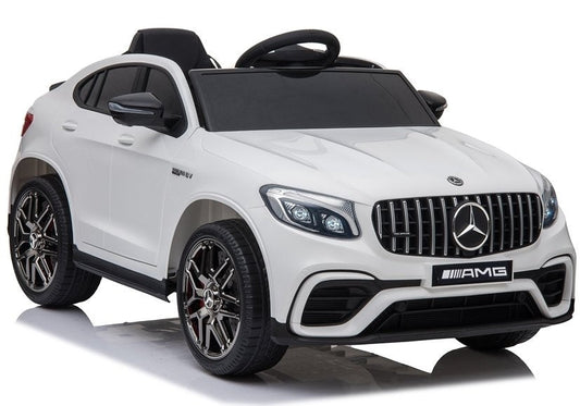 White Mercedes GLC 63S AMG 12 Volt Electric Kids Ride On Car Coupe model on a plain background.