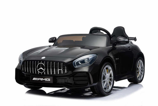 Black Mercedes AMG GTR electric ride-on, 2 seater for kids with parent remote control on a white background