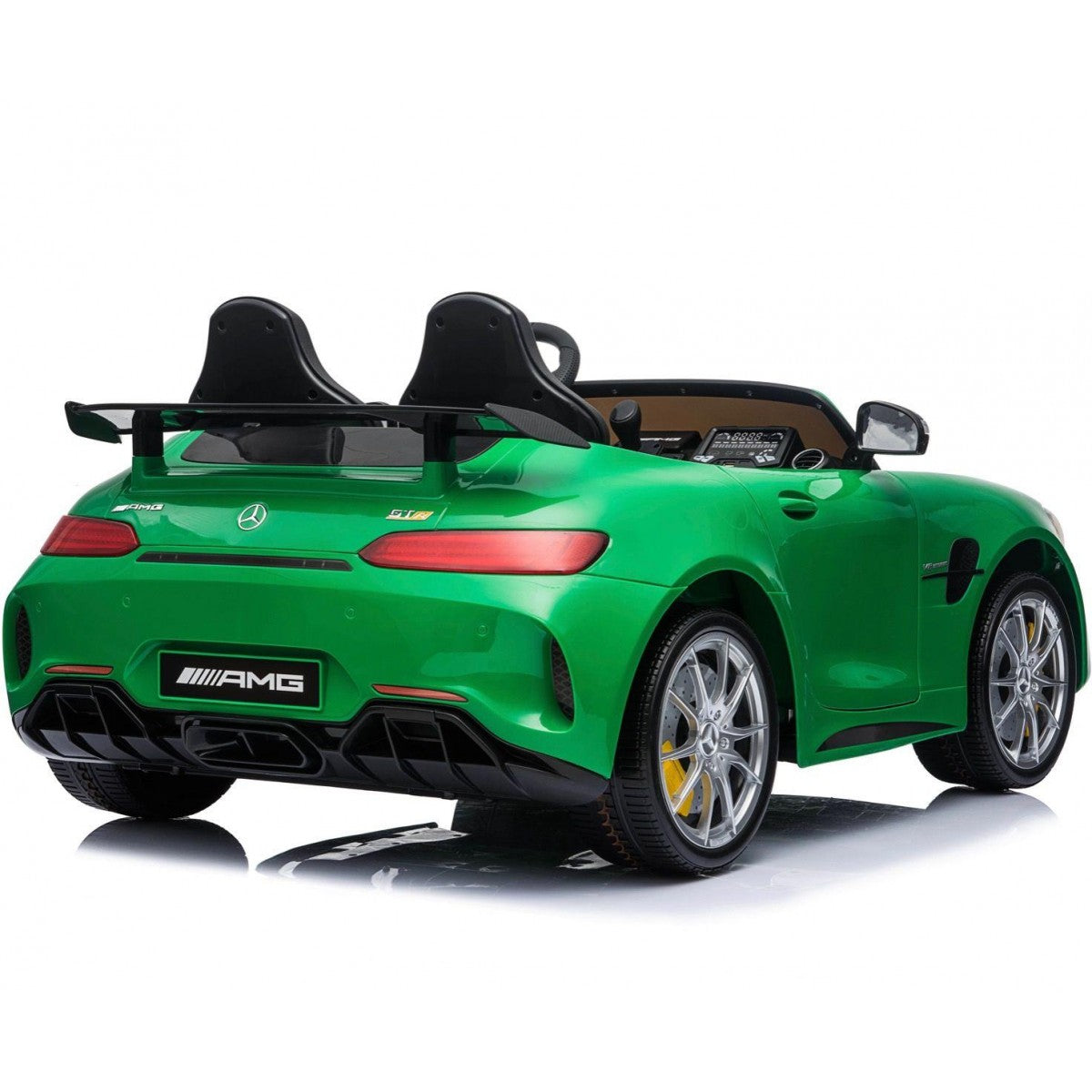 "Green Mercedes AMG GTR 2-Seater with Parent remote 24v from Kids Car Store displayed on white background."