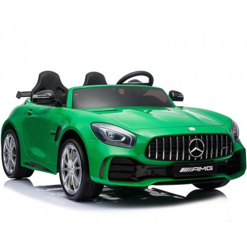 "Green Mercedes AMG GTR 2 Seater 24v Roadster with Parent Remote, available at Kids Car on a white backdrop"