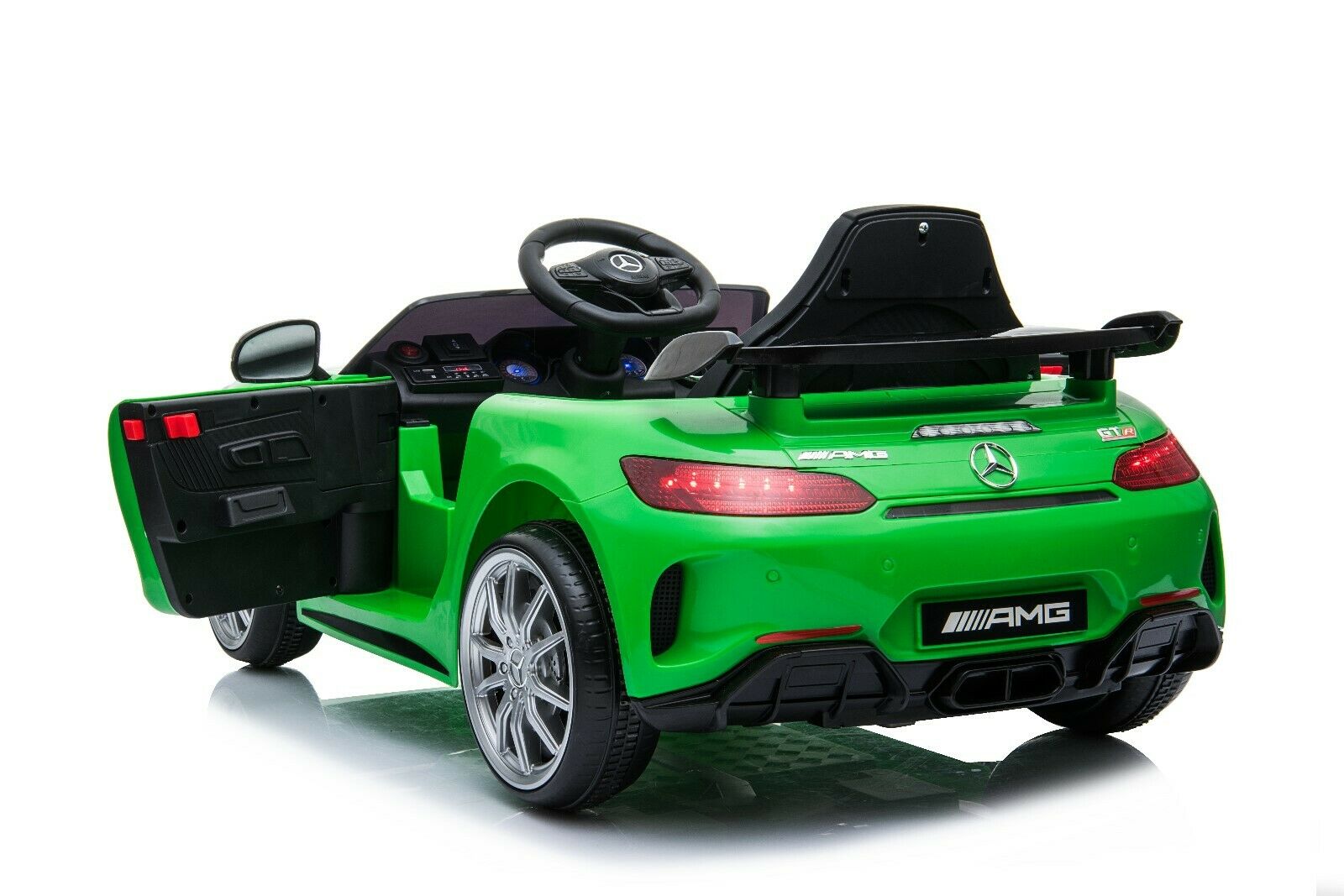 "Green Mercedes AMG GTR electric ride-on car for kids"