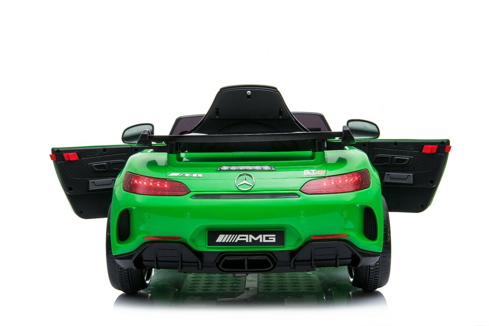 "Green Mercedes AMG GTR electric ride-on for kids, officially licensed."