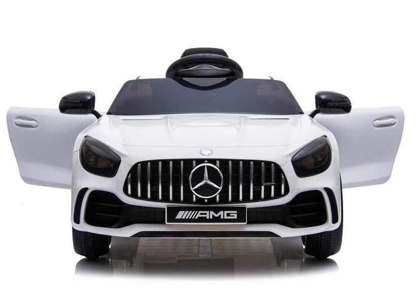 "White Mercedes AMG GTR, official licensed ride-on electric car for kids."