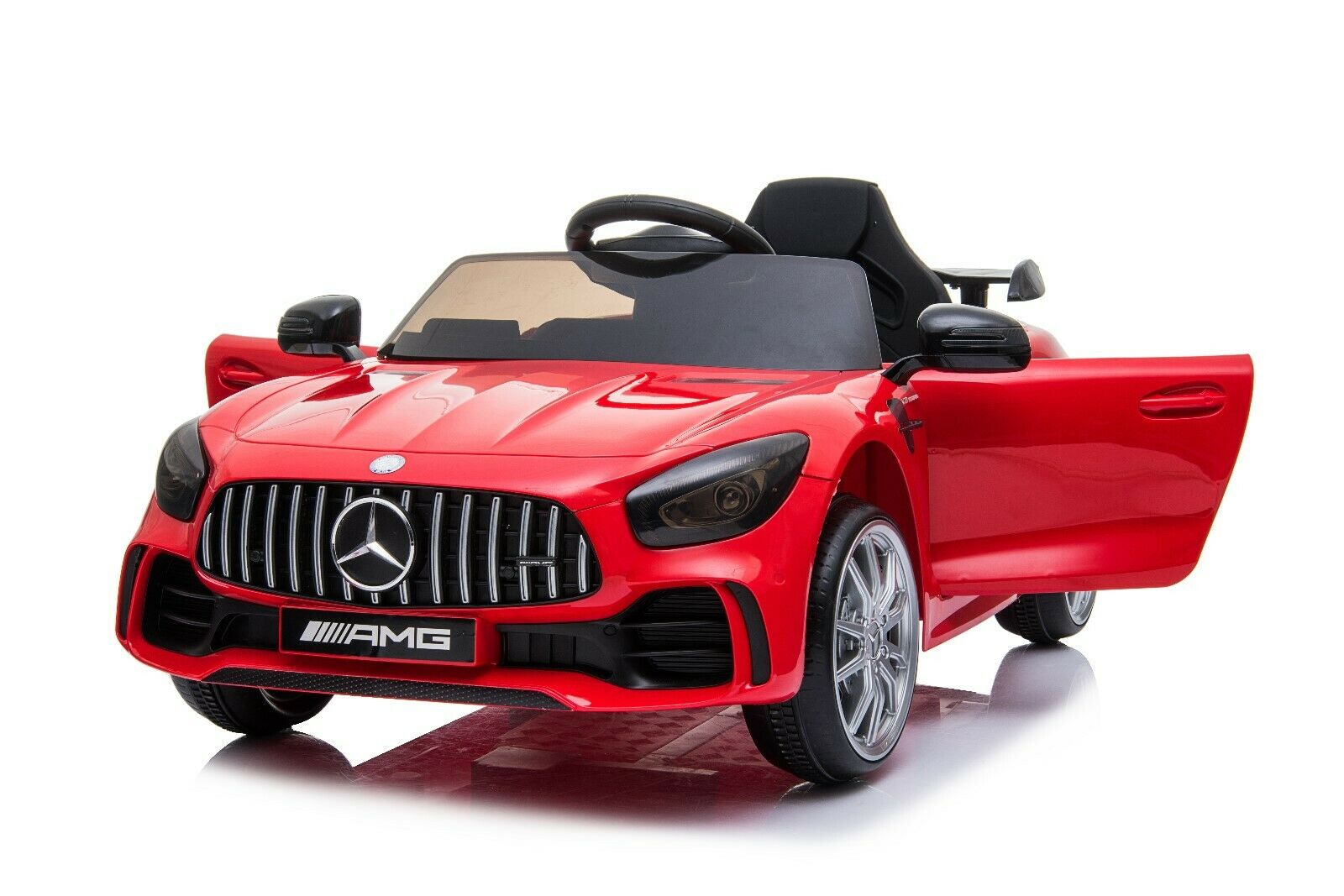 "Red Mercedes AMG GTR 2-seater electric ride-on car with parent remote and MP3 input for young drivers"