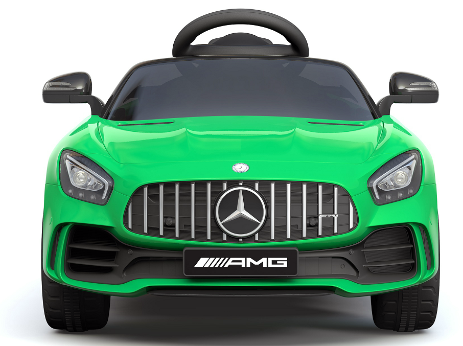 "Green Mercedes AMG GTR 2 Seater electric ride on car with remote control, placed against a white background."